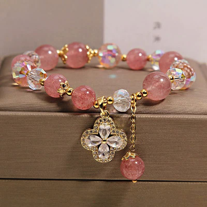 Buddha Stones Bransoletka z koralików i frędzli z kwarcu truskawkowego i koniczyny Love - Kwarc truskawkowy (miłość ♥ uzdrawianie) - image 0