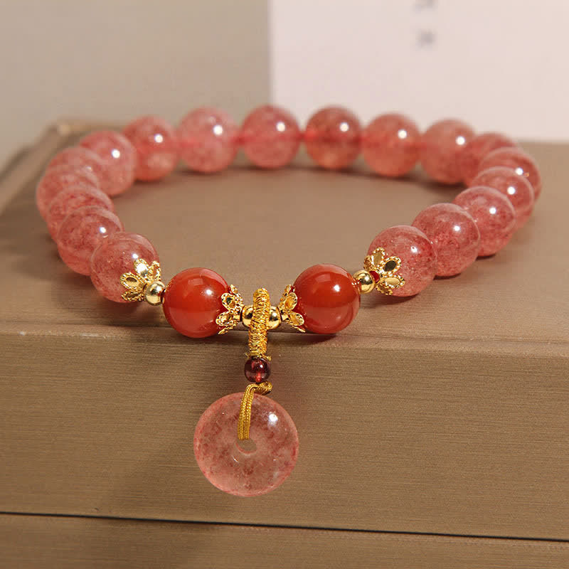Buddha Stones Bransoletka z okrągłymi koralikami i klamrą Peace Buckle z kwarcu truskawkowego - image 1