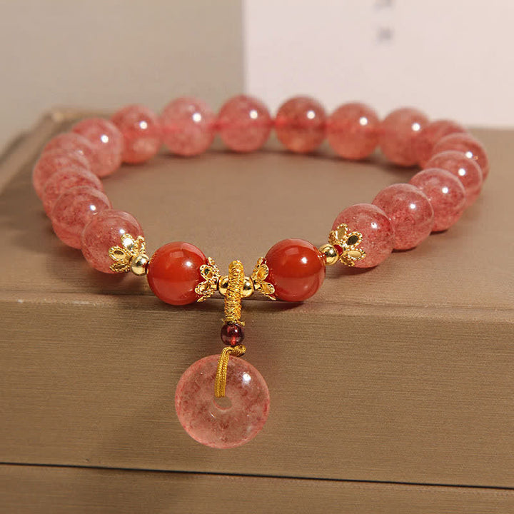 Buddha Stones Bransoletka z okrągłymi koralikami i klamrą Peace Buckle z kwarcu truskawkowego - image 1