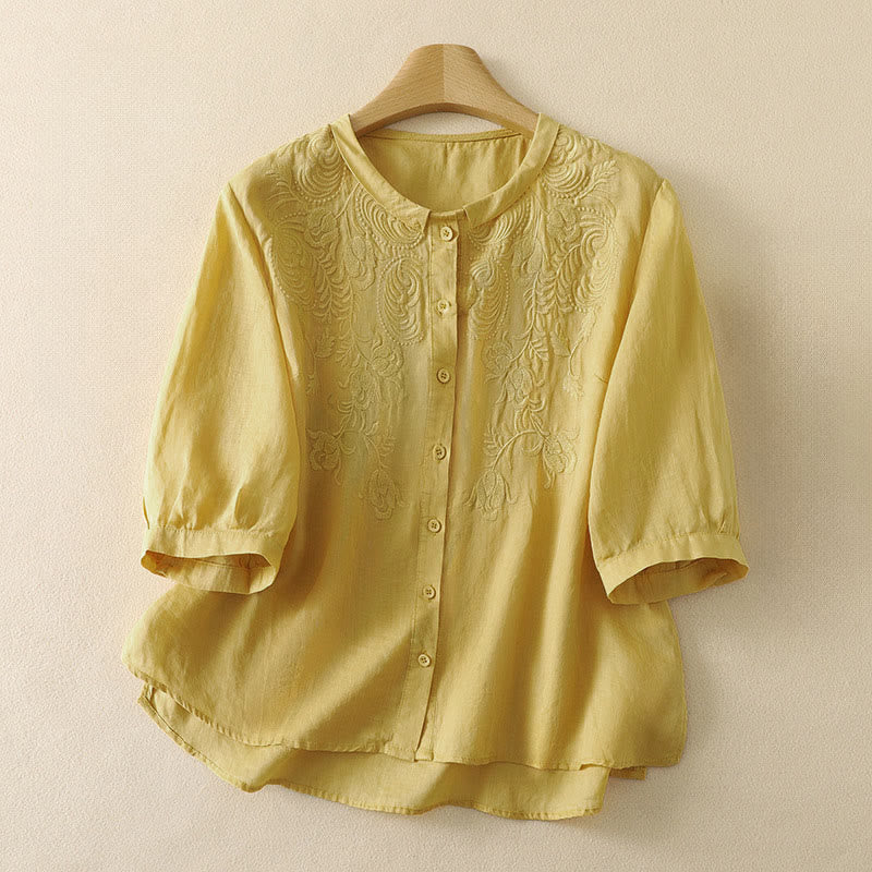 Buddha Stones Letnie, vintage'owe, haftowane, kwiatowe koszule damskie z rękawami do łokcia - Khaki - US8-10，UK/AU12-14，EU40-42 (2XL) - image 0