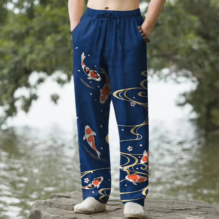 Buddha Stones Spodnie męskie zwężane z bawełny z motywem ryby Koi i kieszeniami - Marynarka wojenna - US/UK/AU50, EU60 (5XL) - image 8