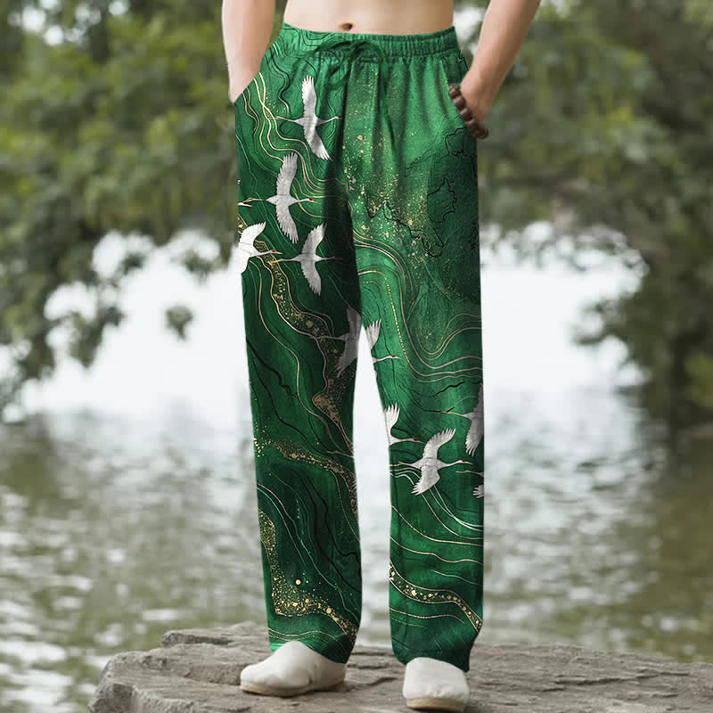 Buddha Stones Spodnie męskie zwężane z bawełny w kolorze białym z wzorem fali żurawia i kieszeniami - ForestGreen - US/UK/AU50, EU60 (5XL) - image 4