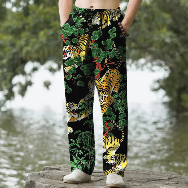 Buddha Stones Spodnie męskie zwężane z bawełny z motywem dżungli i tygrysa z kieszeniami - Czarny - US/UK/AU50, EU60 (5XL) - image 0