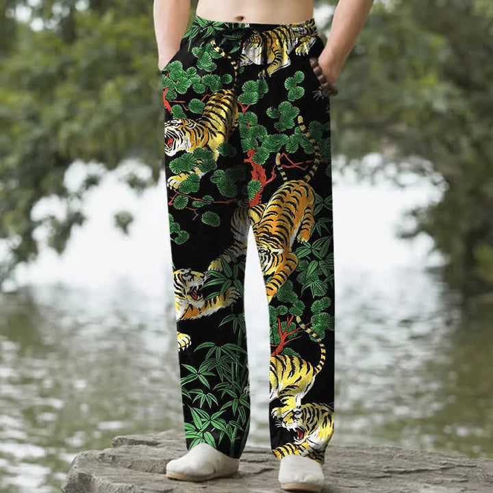 Buddha Stones Spodnie męskie zwężane z bawełny z motywem dżungli i tygrysa z kieszeniami - Czarny - US/UK/AU50, EU60 (5XL) - image 0