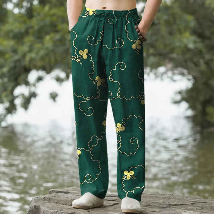 Buddha Stones Spodnie męskie zwężane z bawełny w złote kwiatowe chmury z kieszeniami - ForestGreen - US/UK/AU50, EU60 (5XL) - image 0
