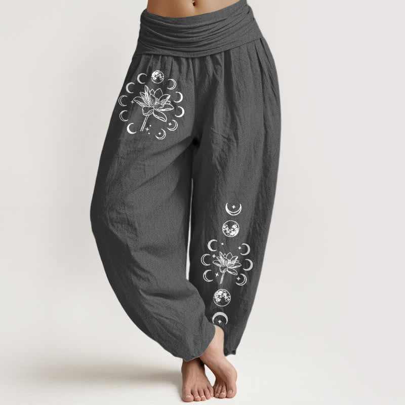 Buddha Stones Spodnie damskie typu harem z elastycznej talii, z motywem fazy księżyca i lotosu, z czystej bawełny - DimGray - US16, UK/AU20, EU48 (3XL) - image 8