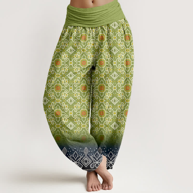 Buddha Stones Bawełniane spodnie damskie typu harem z elastycznym pasem i geometrycznym wzorem w kwiaty w stylu boho - Żółtozielony - US16, UK/AU20, EU48 (3XL) - image 0