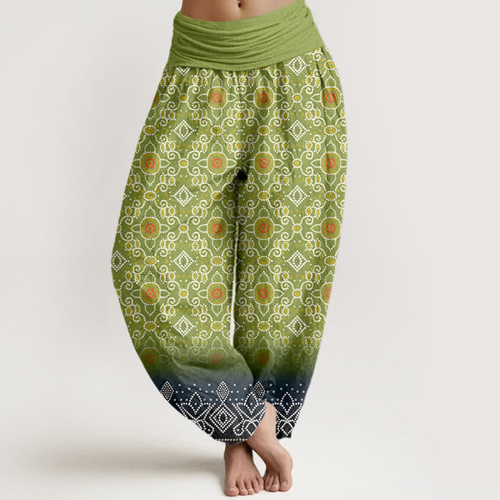 Buddha Stones Bawełniane spodnie damskie typu harem z elastycznym pasem i geometrycznym wzorem w kwiaty w stylu boho - Żółtozielony - US16, UK/AU20, EU48 (3XL) - image 0