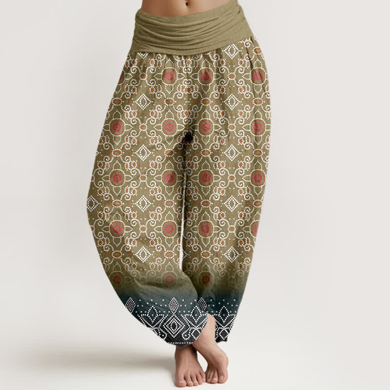 Buddha Stones Bawełniane spodnie damskie typu harem z elastycznym pasem i geometrycznym wzorem w kwiaty w stylu boho - Oliwka - US16, UK/AU20, EU48 (3XL) - image 5