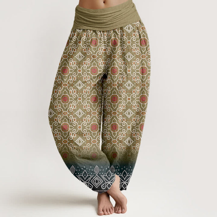 Buddha Stones Bawełniane spodnie damskie typu harem z elastycznym pasem i geometrycznym wzorem w kwiaty w stylu boho - Oliwka - US16, UK/AU20, EU48 (3XL) - image 5