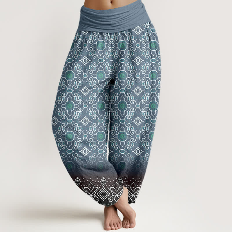 Buddha Stones Bawełniane spodnie damskie typu harem z elastycznym pasem i geometrycznym wzorem w kwiaty w stylu boho - Stalowoniebieski - US16, UK/AU20, EU48 (3XL) - image 8