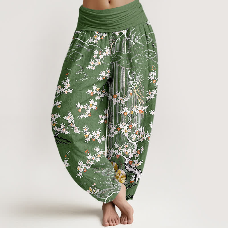 Buddha Stones Spodnie damskie harem z elastycznej talii z czystej bawełny, w białe kwiaty i motywy pnączy - Oliwkowy - US16, UK/AU20, EU48 (3XL) - image 0