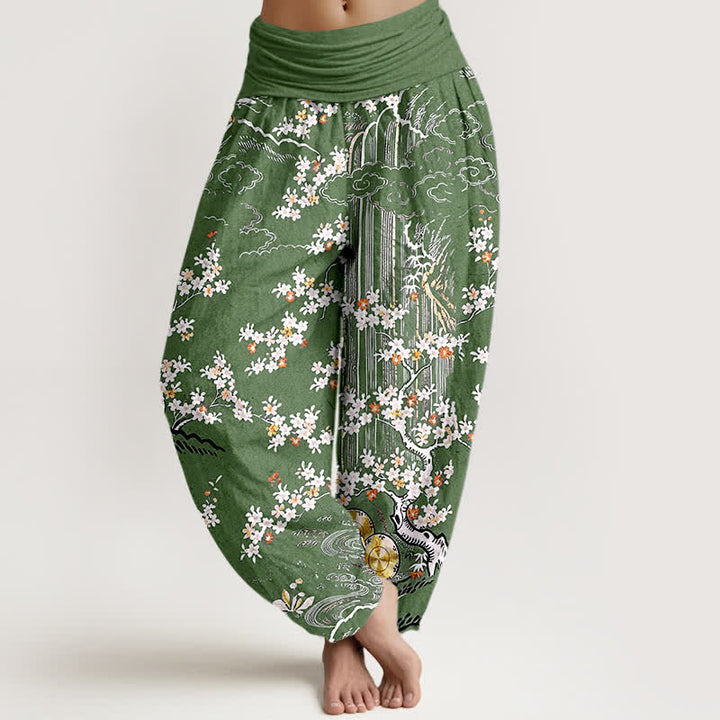 Buddha Stones Spodnie damskie harem z elastycznej talii z czystej bawełny, w białe kwiaty i motywy pnączy - Oliwkowy - US16, UK/AU20, EU48 (3XL) - image 0