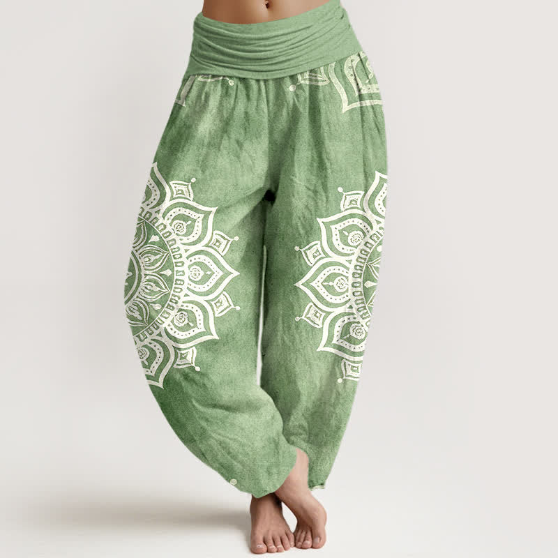Buddha Stones Spodnie damskie typu harem z elastycznej talii, z czystej bawełny, w białe, mandalowe wzory kwiatowe - Jasnozielony - US16, UK/AU20, EU48 (3XL) - image 0