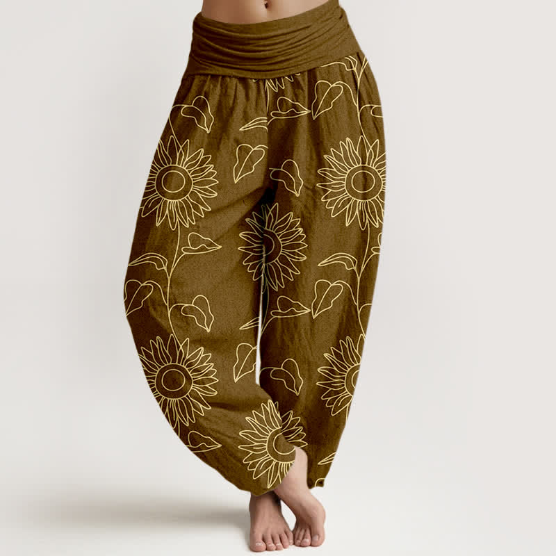 Buddha Stones Spodnie damskie typu harem z elastycznej talii z motywem złotych słoneczników - DarkGoldenrod - US16, UK/AU20, EU48 (3XL) - image 8