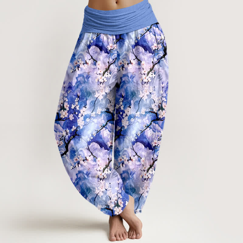 Buddha Stones Spodnie damskie typu harem z elastycznej talii z motywem kwiatowym w akwarelowym kolorze z czystej bawełny - MediumSlateBlue - US16, UK/AU20, EU48 (3XL) - image 0