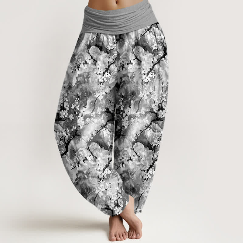 Buddha Stones Spodnie damskie typu harem z elastycznej talii z motywem kwiatowym w akwarelowym kolorze z czystej bawełny - Szary - US16, UK/AU20, EU48 (3XL) - image 8