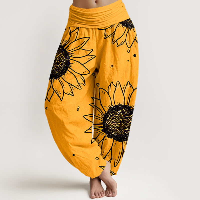 Buddha Stones Spodnie damskie typu harem z elastycznej talii z motywem słonecznika z czystej bawełny - Pomarańczowy - US16, UK/AU20, EU48 (3XL) - image 0