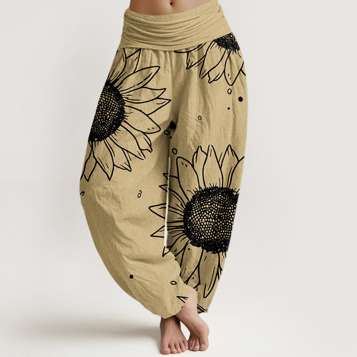 Buddha Stones Spodnie damskie typu harem z elastycznej talii z motywem słonecznika z czystej bawełny - Khaki - US16, UK/AU20, EU48 (3XL) - image 5