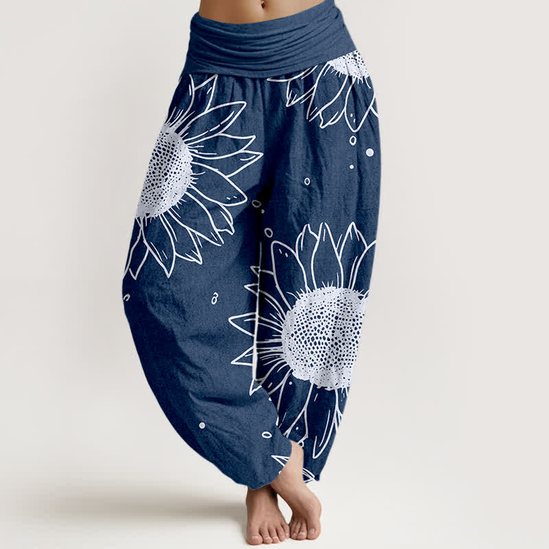 Buddha Stones Spodnie damskie typu harem z elastycznej talii z motywem słonecznika z czystej bawełny - Marynarka wojenna - US16, UK/AU20, EU48 (3XL) - image 8