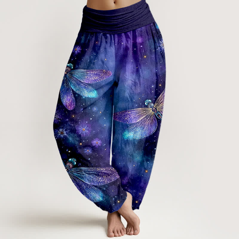 Buddha Stones Bawełniane, damskie spodnie haremowe z elastyczną talią i wzorem w kwiaty ważki - Indygo - US16, UK/AU20, EU48 (3XL) - image 0