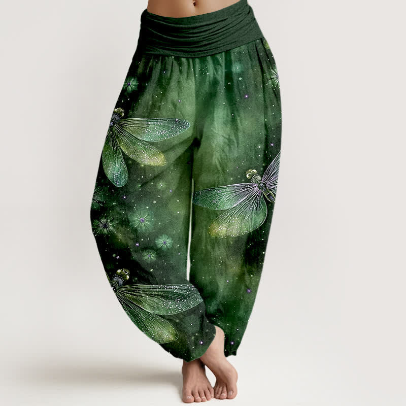 Buddha Stones Bawełniane, damskie spodnie haremowe z elastyczną talią i wzorem w kwiaty ważki - ForestGreen - US16, UK/AU20, EU48 (3XL) - image 8