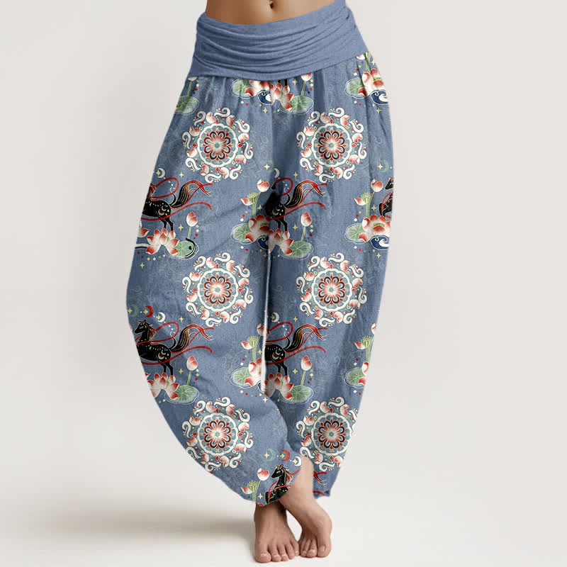 Buddha Stones Spodnie damskie typu harem z elastycznej talii z czystej bawełny z motywem konia, lotosu i mandali - Stalowoniebieski - US16, UK/AU20, EU48 (3XL) - image 0