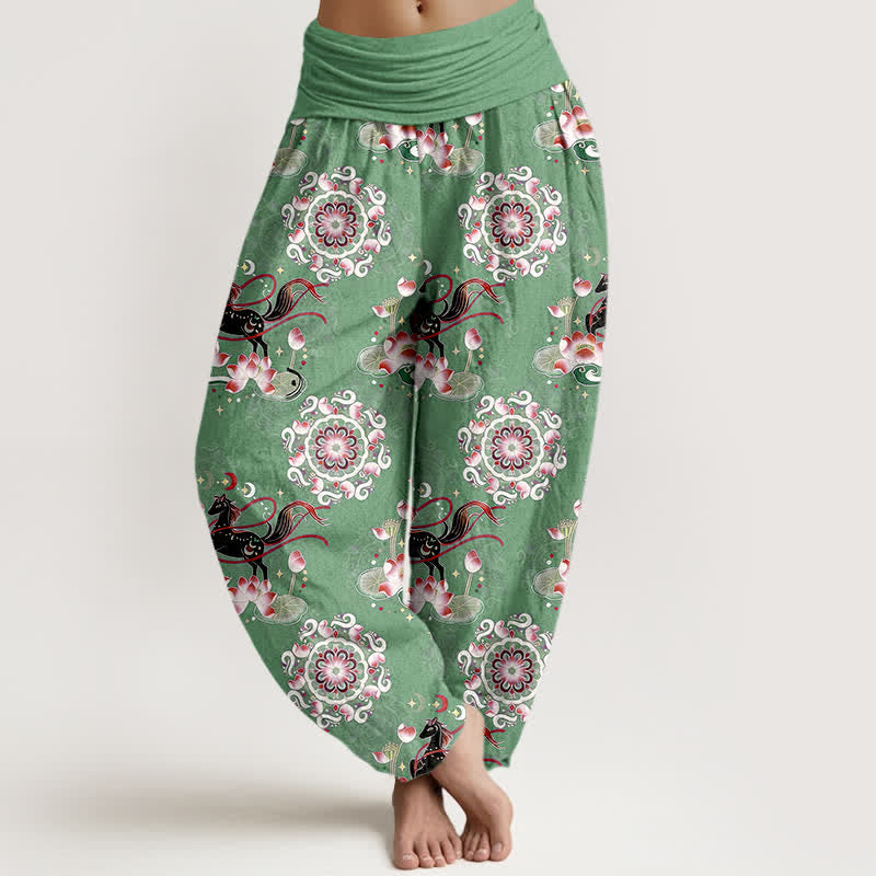Buddha Stones Spodnie damskie typu harem z elastycznej talii z czystej bawełny z motywem konia, lotosu i mandali - MediumSeaGreen - US16, UK/AU20, EU48 (3XL) - image 5
