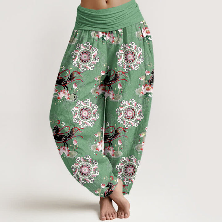 Buddha Stones Spodnie damskie typu harem z elastycznej talii z czystej bawełny z motywem konia, lotosu i mandali - MediumSeaGreen - US16, UK/AU20, EU48 (3XL) - image 5