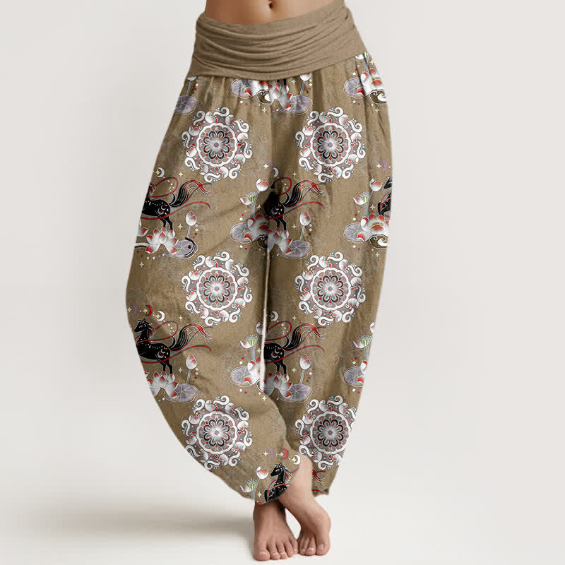 Buddha Stones Spodnie damskie typu harem z elastycznej talii z czystej bawełny z motywem konia, lotosu i mandali - Dębnik - US16, UK/AU20, EU48 (3XL) - image 8