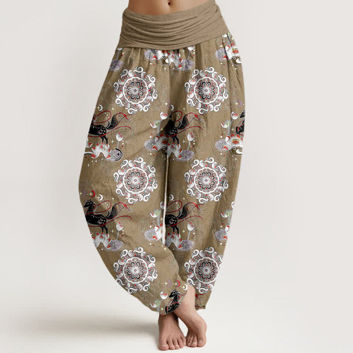 Buddha Stones Spodnie damskie typu harem z elastycznej talii z czystej bawełny z motywem konia, lotosu i mandali - Dębnik - US16, UK/AU20, EU48 (3XL) - image 8