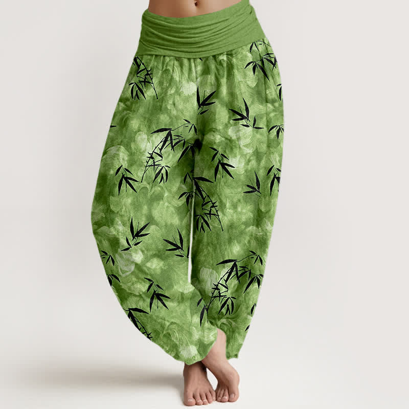 Buddha Stones Spodnie damskie harem z elastycznej talii z czystej bawełny w kolorze czarnym z wzorem liści bambusa - MediumSeaGreen - US16, UK/AU20, EU48 (3XL) - image 0