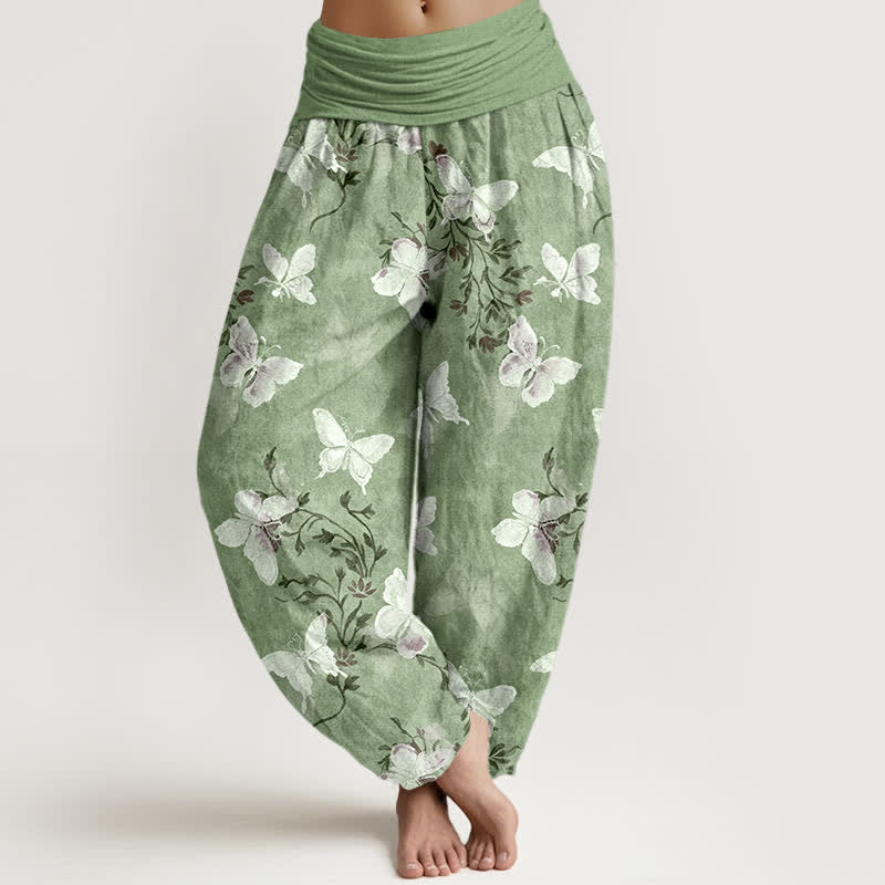 Buddha Stones Bawełniane spodnie damskie typu harem z elastycznym pasem i wzorem w białe motyle i kwiaty - PaleGreen - US16, UK/AU20, EU48 (3XL) - image 0