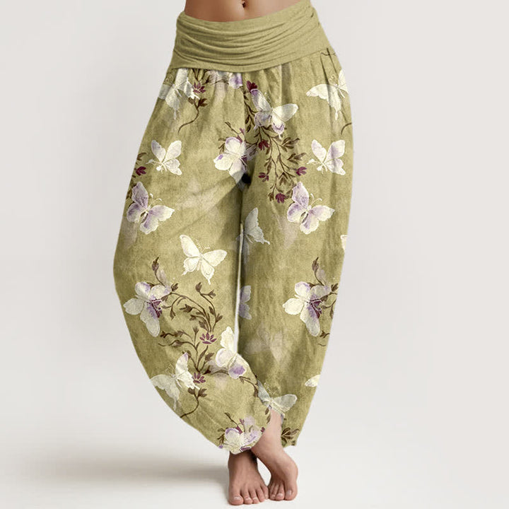 Buddha Stones Bawełniane spodnie damskie typu harem z elastycznym pasem i wzorem w białe motyle i kwiaty - Ciemny Khaki - US16, UK/AU20, EU48 (3XL) - image 5