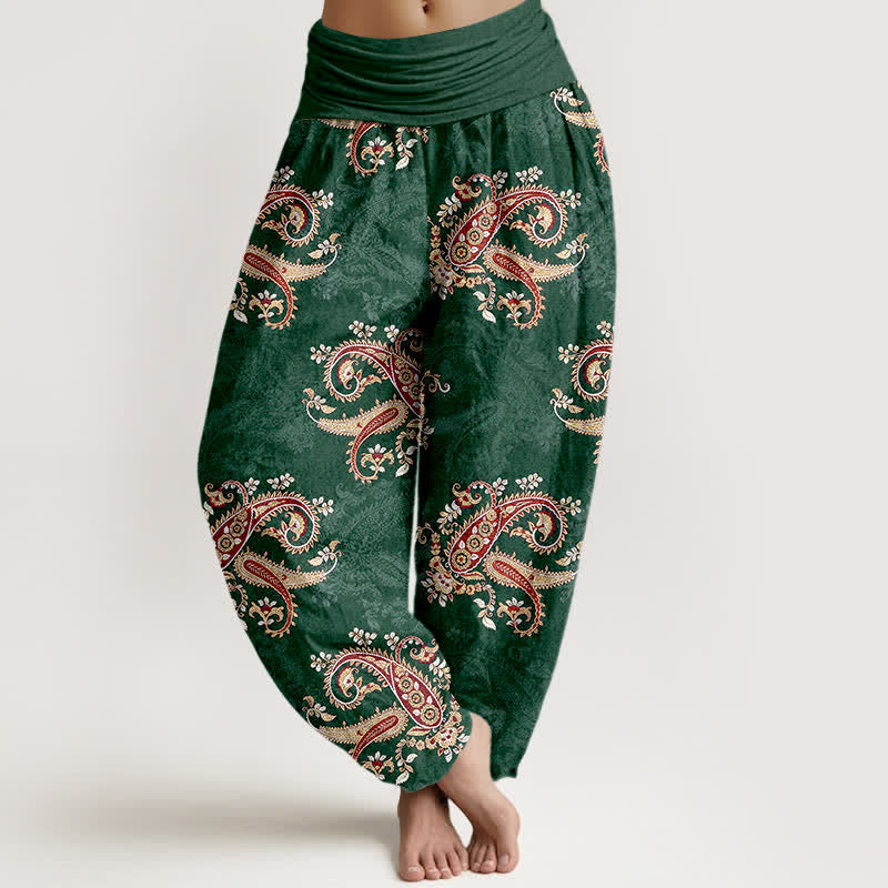 Buddha Stones Eleganckie damskie spodnie haremowe z elastycznej talii w kolorze czystej bawełny z wzorem paisley - ForestGreen - US16, UK/AU20, EU48 (3XL) - image 0