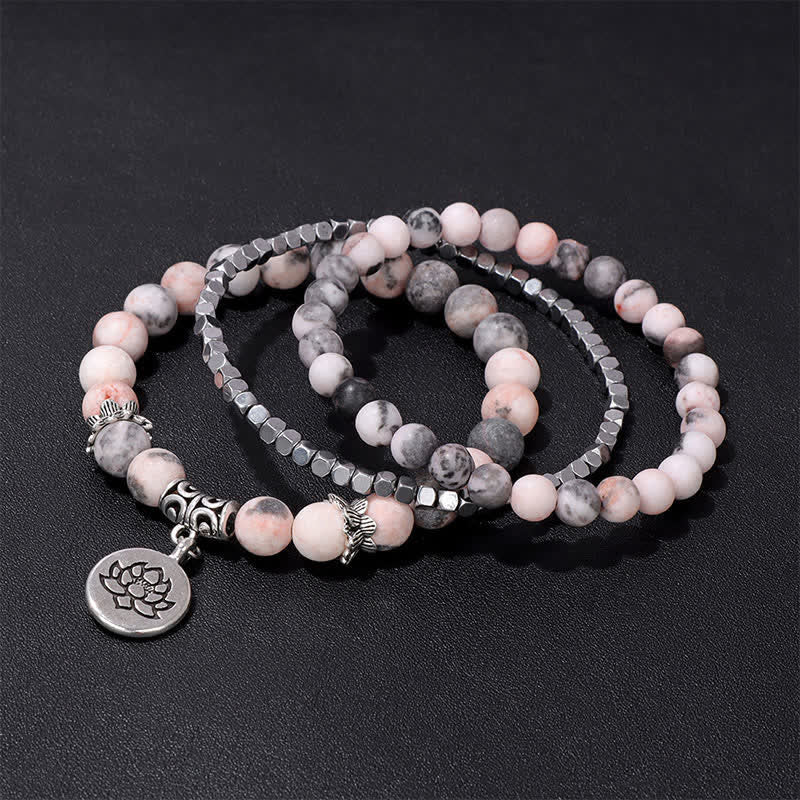 Buddha Stones 3-częściowa bransoletka z koralików Zebra Jasper Lotus Enlightenment - image 2