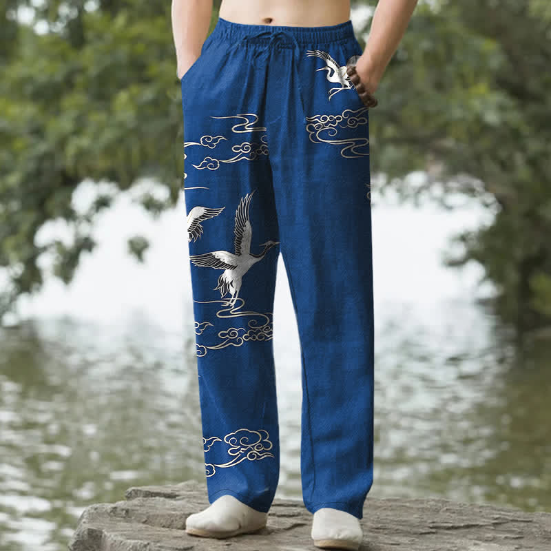 Buddha Stones Spodnie męskie zwężane z bawełny w kolorze białym z wzorem fali żurawia i kieszeniami - RoyalBlue - US/UK/AU50, EU60 (5XL) - image 0
