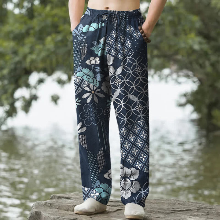 Buddha Stones Spodnie męskie zwężane z bawełny w stylu boho z geometrycznym wzorem kwiatowym i kieszeniami - Marynarka wojenna - US/UK/AU50, EU60 (5XL) - image 0
