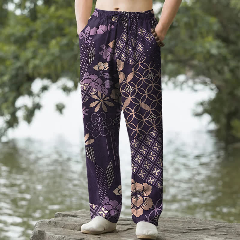 Buddha Stones Spodnie męskie zwężane z bawełny w stylu boho z geometrycznym wzorem kwiatowym i kieszeniami - Fioletowy - US/UK/AU50, EU60 (5XL) - image 4