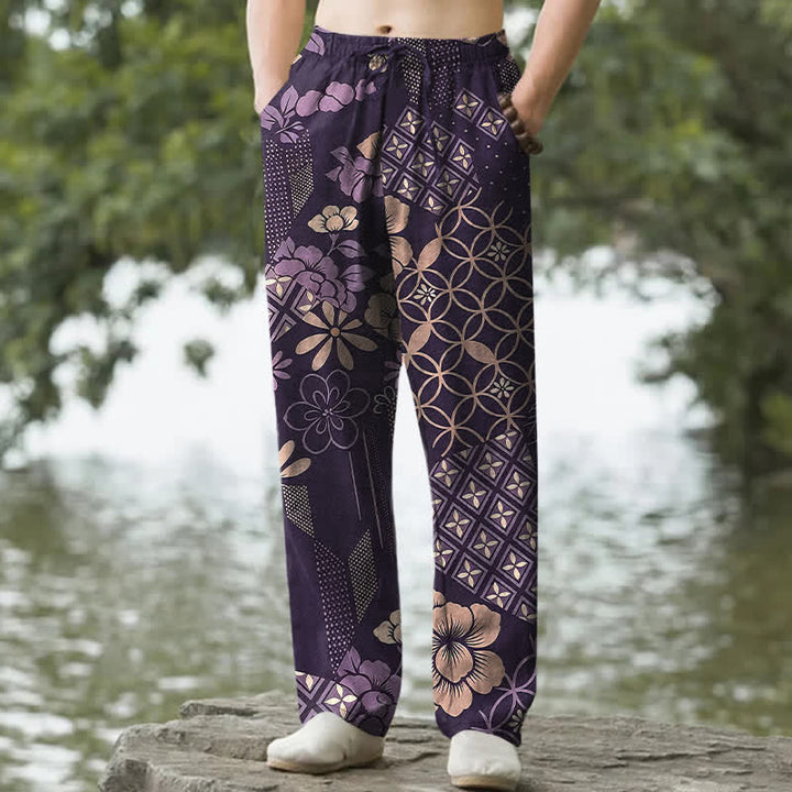 Buddha Stones Spodnie męskie zwężane z bawełny w stylu boho z geometrycznym wzorem kwiatowym i kieszeniami - Fioletowy - US/UK/AU50, EU60 (5XL) - image 4