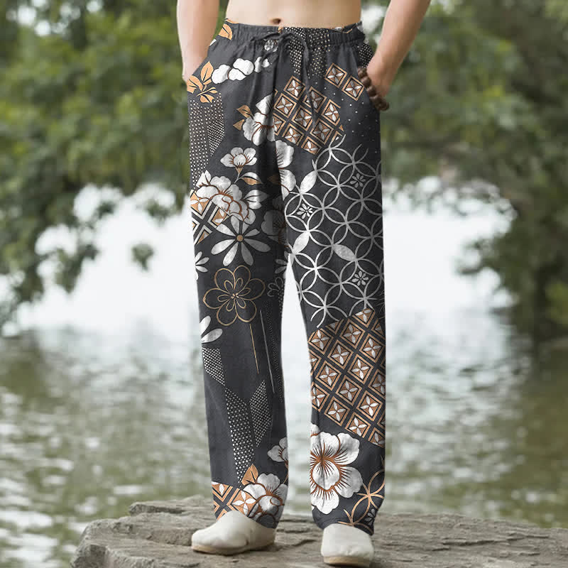 Buddha Stones Spodnie męskie zwężane z bawełny w stylu boho z geometrycznym wzorem kwiatowym i kieszeniami - DimGray - US/UK/AU50, EU60 (5XL) - image 6
