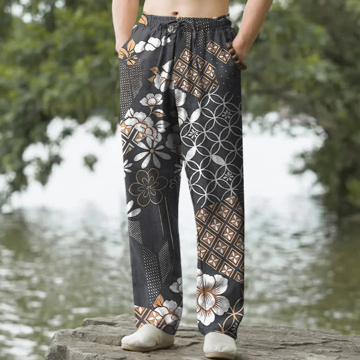 Buddha Stones Spodnie męskie zwężane z bawełny w stylu boho z geometrycznym wzorem kwiatowym i kieszeniami - DimGray - US/UK/AU50, EU60 (5XL) - image 6