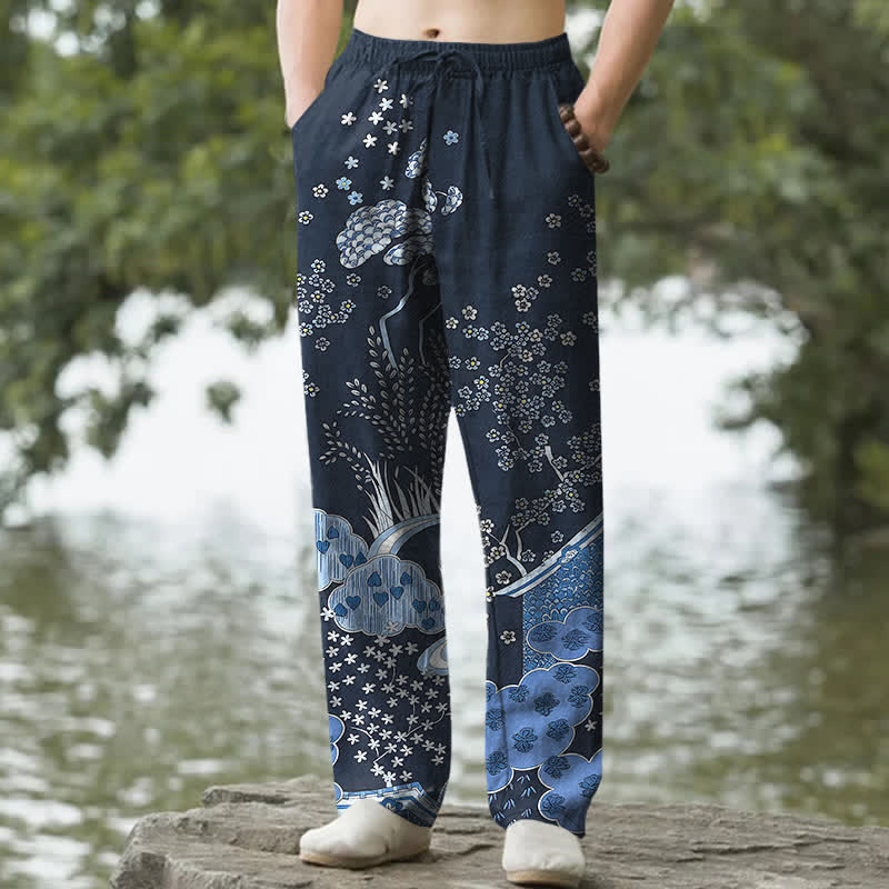 Buddha Stones Spodnie męskie zwężane z bawełny w białe kwiaty i chmury, z kieszeniami - Marynarka wojenna - US/UK/AU50, EU60 (5XL) - image 0