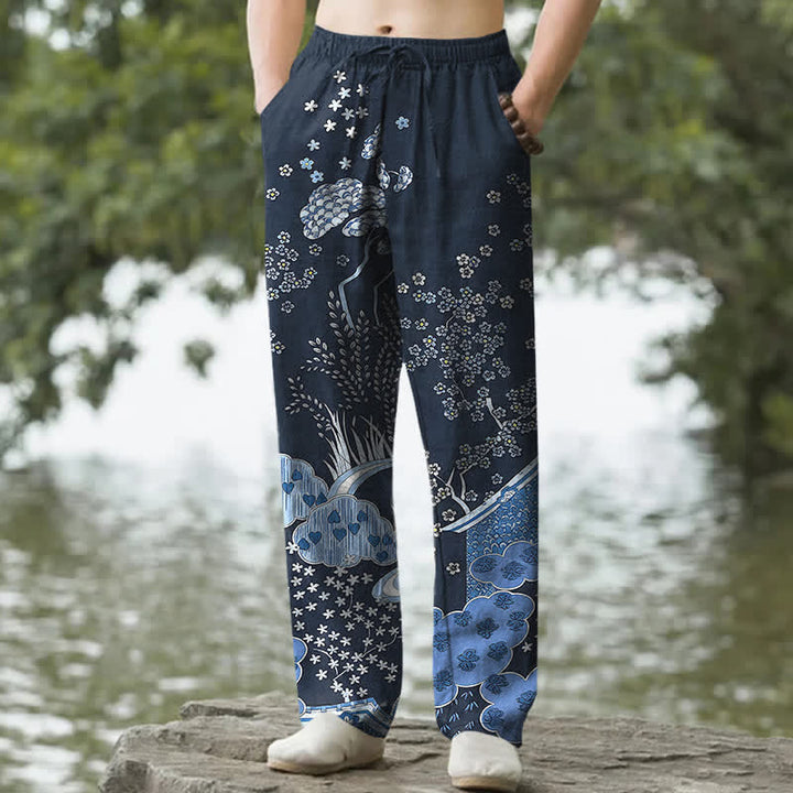 Buddha Stones Spodnie męskie zwężane z bawełny w białe kwiaty i chmury, z kieszeniami - Marynarka wojenna - US/UK/AU50, EU60 (5XL) - image 0