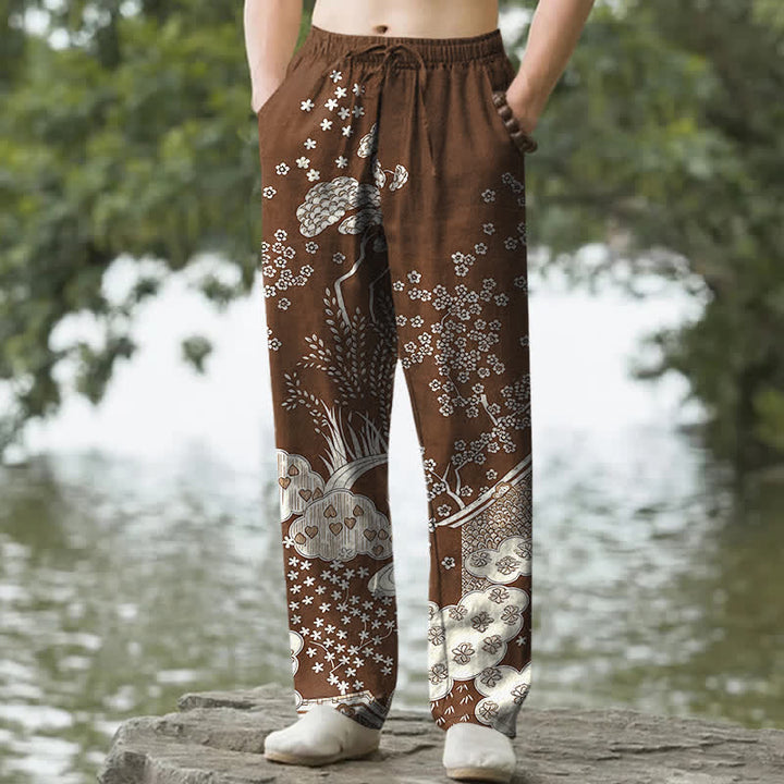 Buddha Stones Spodnie męskie zwężane z bawełny w białe kwiaty i chmury, z kieszeniami - SaddleBrown - US/UK/AU50, EU60 (5XL) - image 4