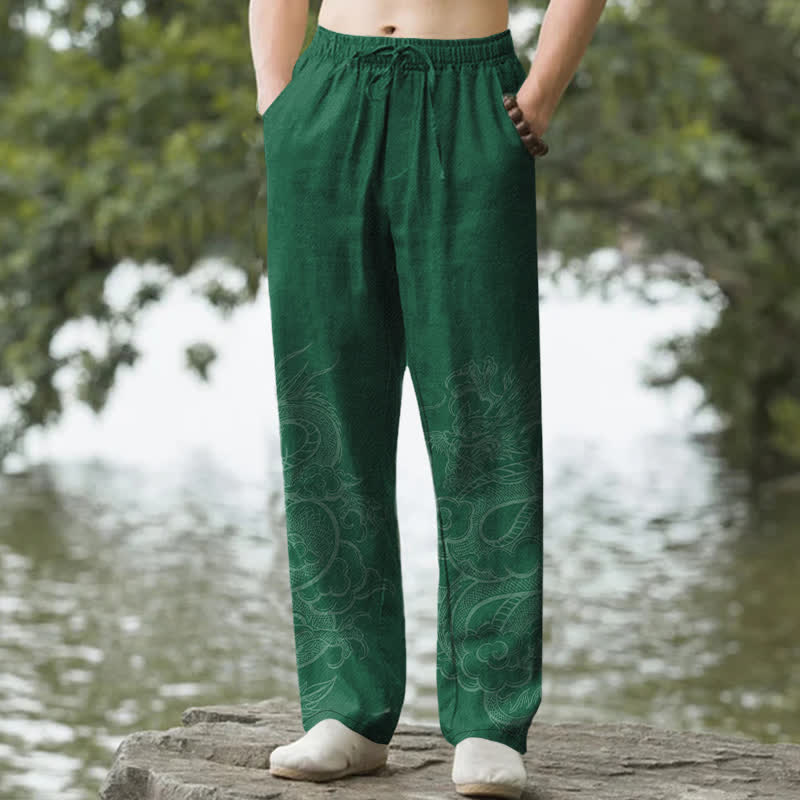 Buddha Stones Spodnie męskie zwężane z bawełny z subtelnym wzorem smoka i kieszeniami - ForestGreen - US/UK/AU50, EU60 (5XL) - image 4