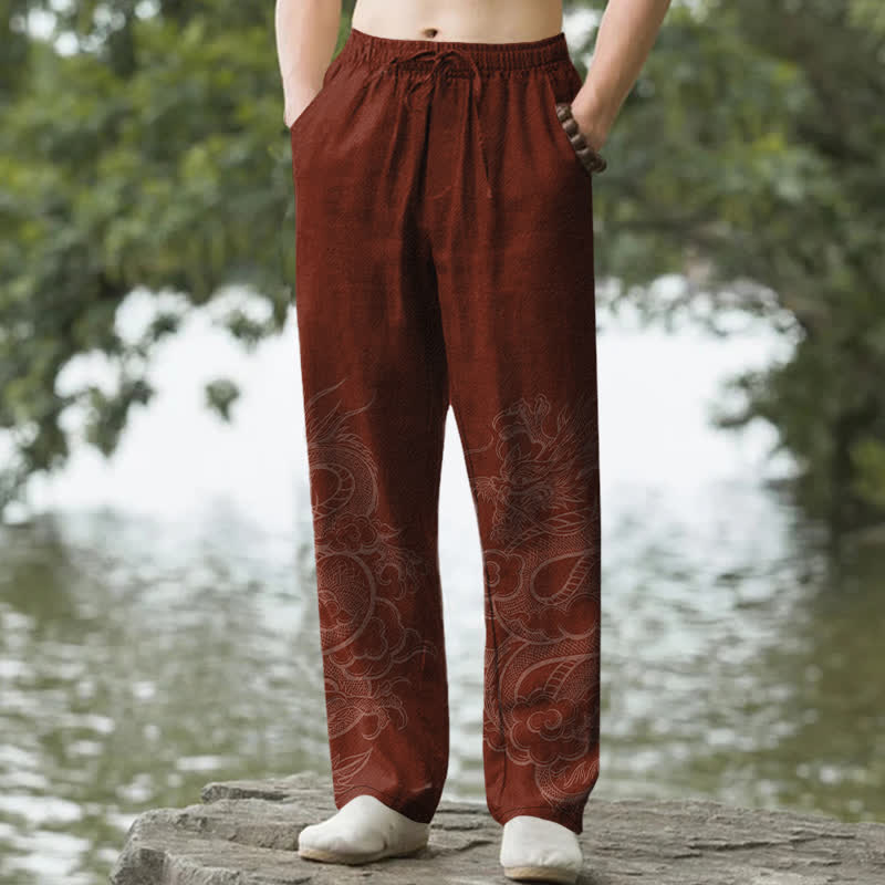 Buddha Stones Spodnie męskie zwężane z bawełny z subtelnym wzorem smoka i kieszeniami - Kasztanowaty - US/UK/AU50, EU60 (5XL) - image 6