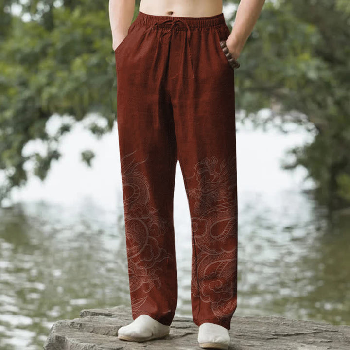Buddha Stones Spodnie męskie zwężane z bawełny z subtelnym wzorem smoka i kieszeniami - Kasztanowaty - US/UK/AU50, EU60 (5XL) - image 6
