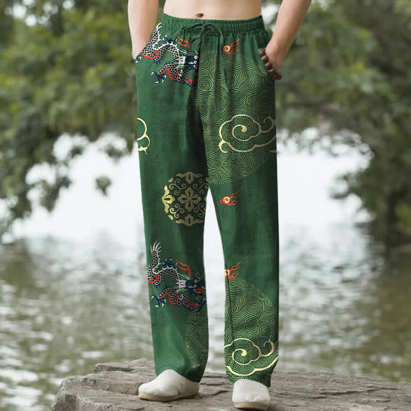 Buddha Stones Bawełniane, eleganckie, męskie spodnie zwężane z kieszeniami w kształcie chmur i smoka - ForestGreen - US/UK/AU50, EU60 (5XL) - image 0