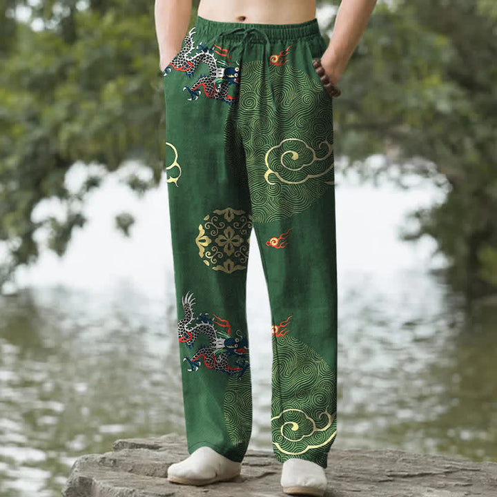 Buddha Stones Bawełniane, eleganckie, męskie spodnie zwężane z kieszeniami w kształcie chmur i smoka - ForestGreen - US/UK/AU50, EU60 (5XL) - image 0
